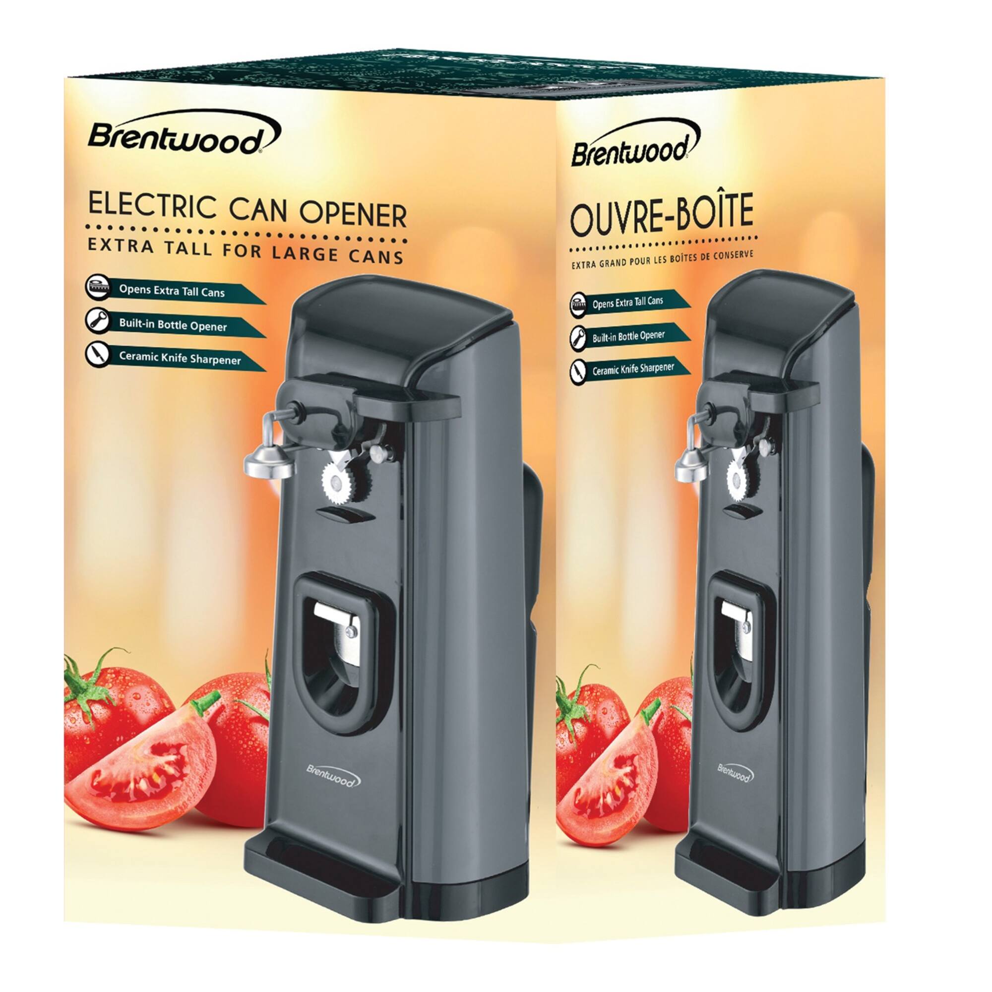 Brentwood Tall Electric Can Opener with Knife Sharpener & Bottle Opener